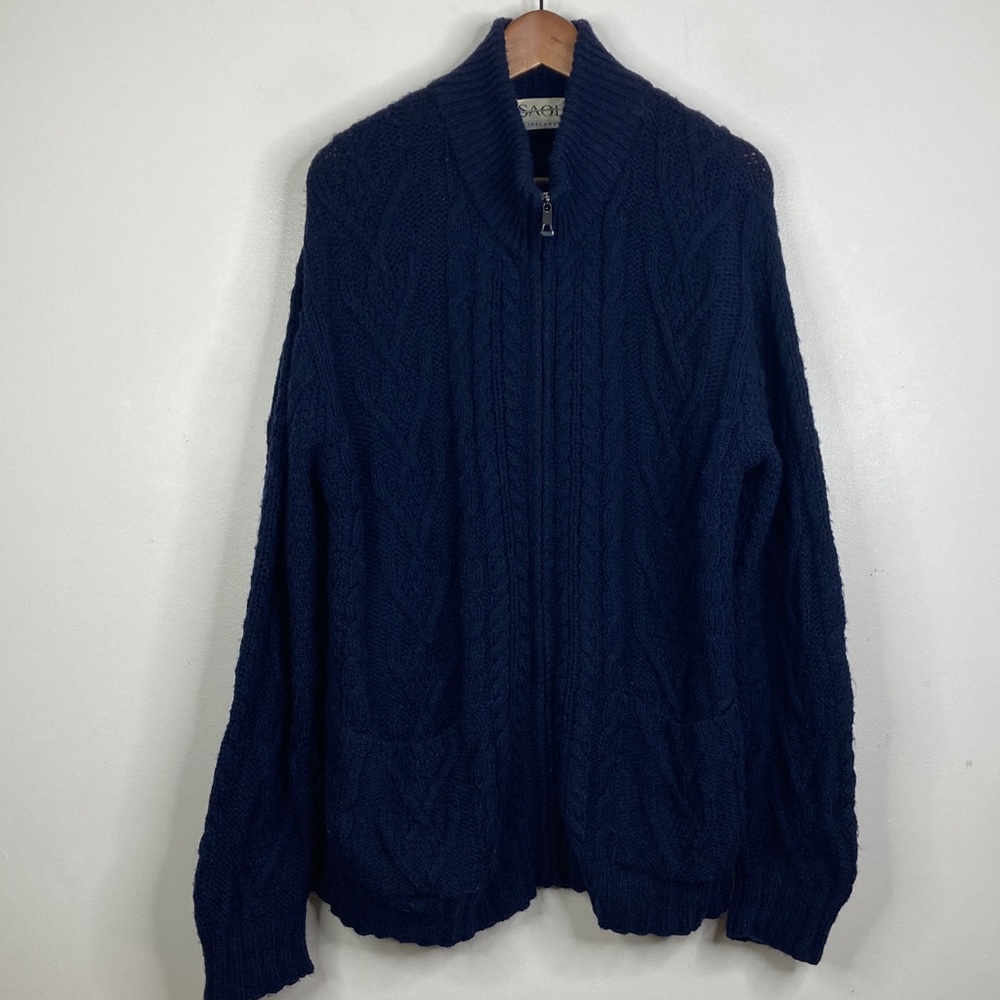 Saol Ireland Sweater Mens Medium Navy Blue Merino Wool Zip Up Cable Knit Pockets